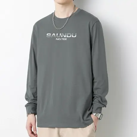 240G重磅纯棉长袖t恤男宽松内搭打底衫潮牌印花全棉体恤灰色秋衣商品大图