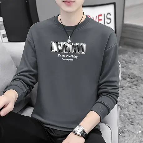 灰色卫衣男潮ins春秋款字母印花无帽秋季上衣加绒宽松圆领长袖t恤商品大图