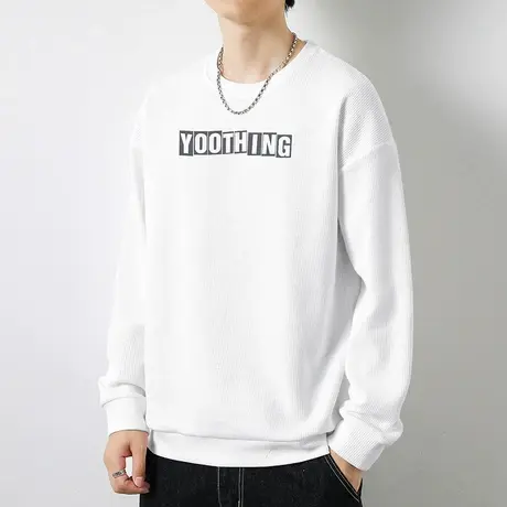 华夫格卫衣男2024新款秋冬潮流宽松字母印花圆领长袖t恤无帽上衣商品大图