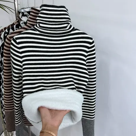 高领条纹长袖针织衫女2023秋冬新品加绒加厚修身减龄西装内搭上衣图片