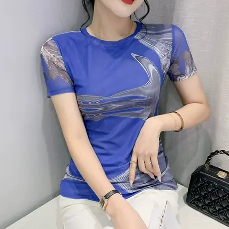 气质印花上衣女短袖2023夏装新款时尚圆领网纱T恤ins个性修身小衫商品大图