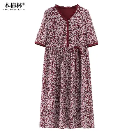 胖MM遮胯显瘦藏肉2024夏季V领气质花边带抽绳气质大码女装连衣裙图片