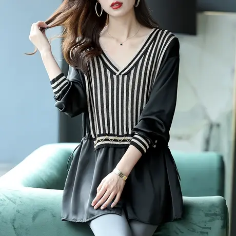 宝诗黎V领条纹针织拼接衬衫长袖上衣女2024新款宽松时尚休闲春季商品大图