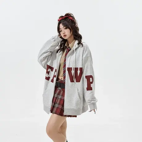 YEP美式复古开衫连帽卫衣女春秋2024年新款字母潮牌宽松外套上衣图片