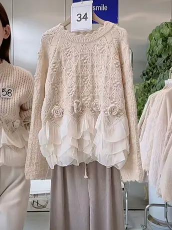 奶系小众设计感圆领针织衫女2023秋装新款温柔木耳边宽松时尚毛衣图片