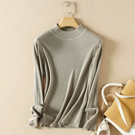 美丽诺羊毛半高领毛衣女修身套头打底衫春装2024新款内搭针织衫女商品大图