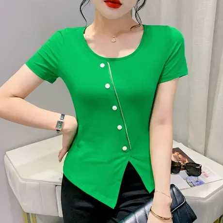 时尚开叉短袖T恤女2024夏装新款设计感不规则上衣修身百搭小衫潮商品大图