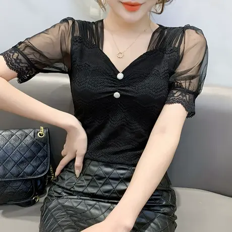 欧货泡泡袖蕾丝衫女2024夏季新款性感V领短袖T恤洋气百搭紧身上衣图片