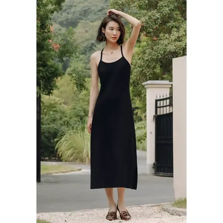 弥古黑色吊带内搭连衣裙女春秋修身针织打底小黑裙显瘦露背开叉裙图片