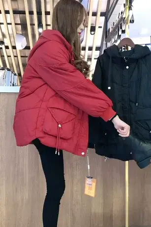 红色亮闪闪羽绒棉服女短款2023冬季新款韩版宽松加厚保暖棉衣外套商品大图