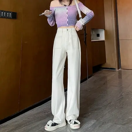 白色高腰牛仔裤女2023春秋新款高腰显瘦垂感直筒大口袋窄版阔腿裤商品大图