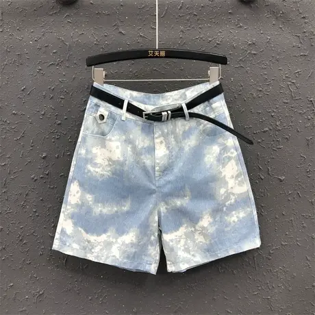 浅蓝扎染牛仔五分裤女士潮2023夏季新款撞色高腰宽松百搭阔腿裤子图片