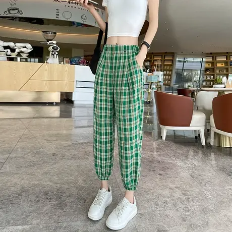 绿色格子运动裤女春季薄款高腰宽松显瘦复古百搭九分休闲束脚裤潮商品大图