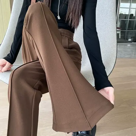 卡其高腰微喇叭西装裤女春秋新款梨形身材修身显瘦设计感拖地裤子商品大图