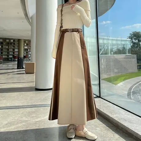 卡其撞色高腰半身裙女2024春秋新款设计感小众大摆宽松a字伞裙子图片