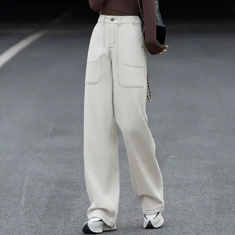 米白色裤子女秋冬款2024新款爆款加厚加绒休闲裤直筒裤宽松阔腿裤图片