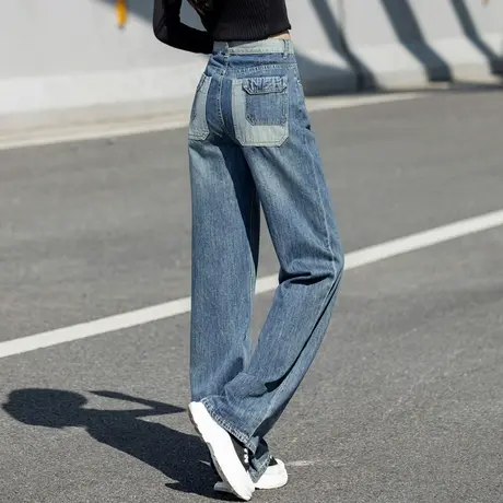 工装风撞色牛仔裤女春秋季2024年新款大口袋裤子女士阔腿裤直筒裤商品大图