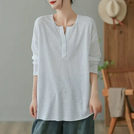 dza复古纯棉白色长袖T恤女士春秋内搭打底衫开叉休闲上衣宽松体恤商品大图