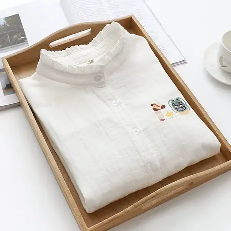 春秋日系文艺双层纱纯棉白色花边立领衬衫女学生宽松刺绣打底衬衣商品大图