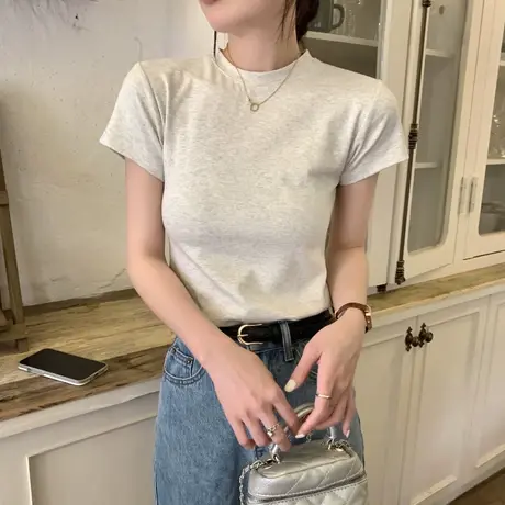 2023新款正肩女t恤短款修身设计感小众灰色短袖圆领打底上衣夏季图片