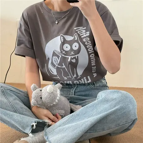 红续卡通猫猫纯棉短袖T恤女显白碳灰色宽松ins半袖2023年春夏新款图片