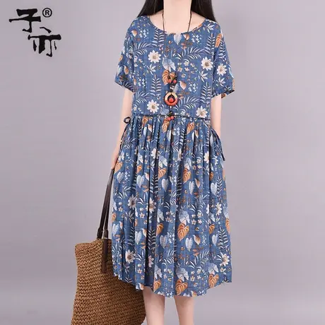子亦夏装新款文艺范气质小碎花圆领短袖休闲显瘦棉麻连衣裙潮图片