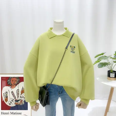 卫衣女春秋薄款2021新款韩版ins潮刺绣小熊宽松POLO衫领套头上衣商品大图