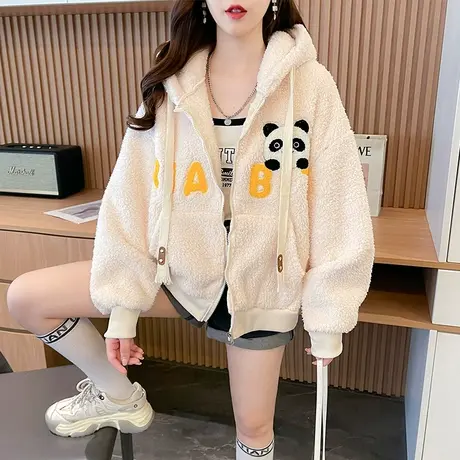 羊羔毛外套女秋冬季韩版宽松大码胖mm加绒加厚保暖小个子开衫卫衣商品大图