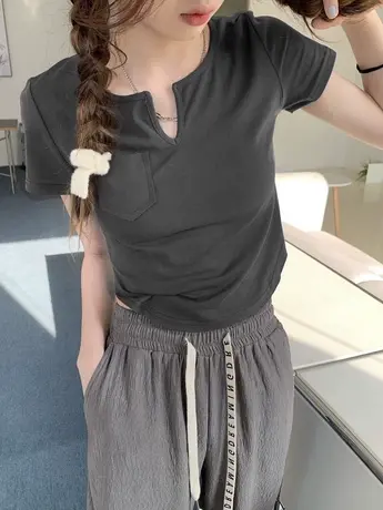 夏季设计感小众独特别致短款上衣服显瘦V领正肩百搭修身短袖T恤女商品大图