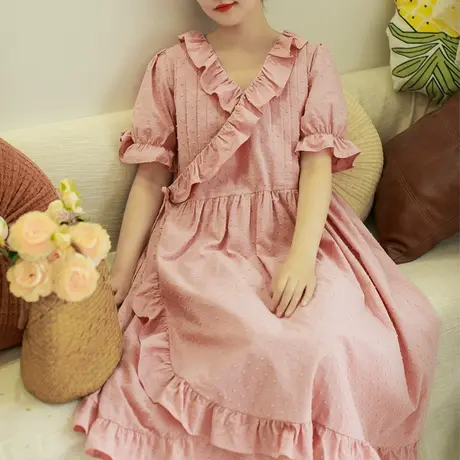 夏新品荷叶边文艺宽松连衣裙大码粉色优雅长裙商品大图