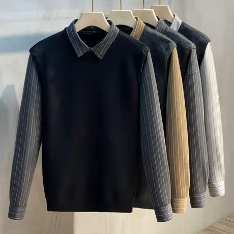 2023年秋冬新款衬衫领假两件毛衣男士加绒潮流打底衫针织上衣春商品大图