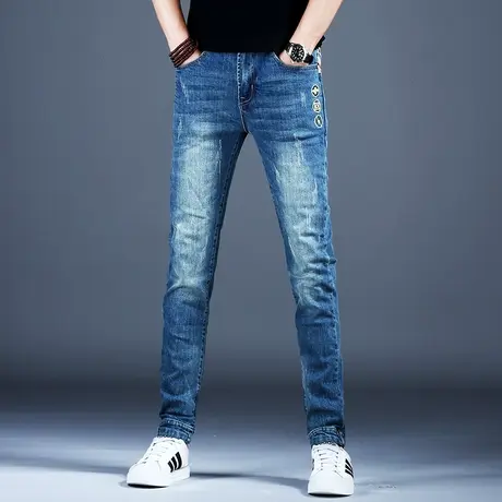 刺绣花潮流裤子男士秋冬新款牛仔裤男款美式高街复古时尚小脚修身商品大图