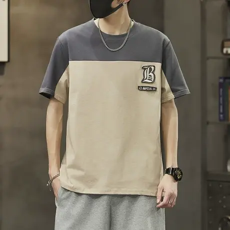 夏季撞色拼接圆领短袖体恤男生夏天绣花贴布绣t恤男士全棉上衣服商品大图