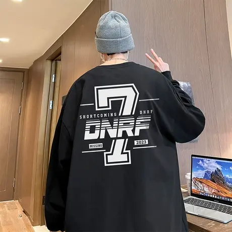 美式ins潮牌字母印花纯棉长袖T恤男夏季嘻哈街头休闲宽松圆领上衣商品大图