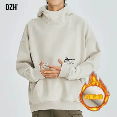 男士冲锋加绒卫衣男冬款连帽宽松杏色上衣男装2023年新款防风帽衫商品大图