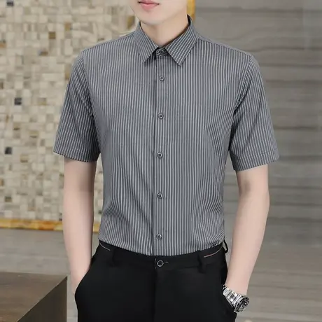 条纹短袖衬衫男士夏季修身商务潮流帅气职业休闲工装半袖衬衣服男图片