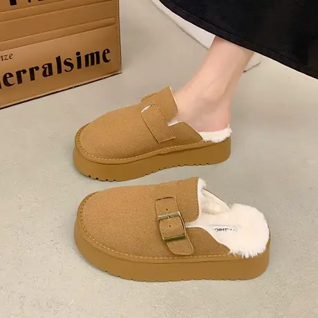厚底加绒冬季勃肯鞋女2023年新款复古百搭增高棉鞋外穿包头半拖鞋图片