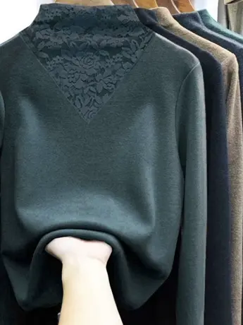 半高领蕾丝打底衫女秋冬内搭新款修身磨毛双面绒针织加绒保暖上衣图片