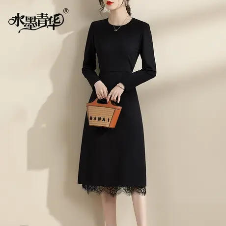 【1件7.9折】冬季新品百搭打底裙显瘦中长款蕾丝拼接黑色连衣裙商品大图