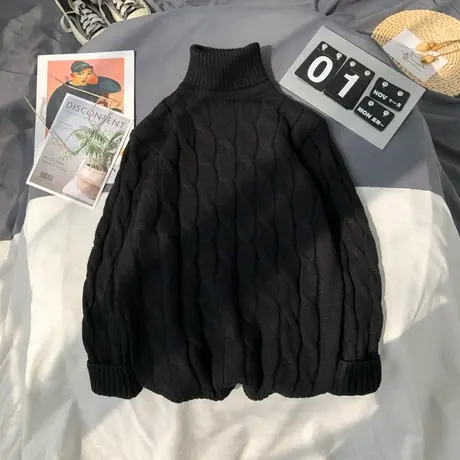 冬季男士高领毛衣潮流修身加厚打底线衣青年长领纯色麻花针织衫男商品大图