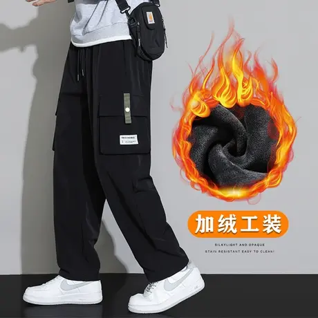 秋冬款加绒阔腿多口袋加厚保暖休闲裤子冬季男士防风带绒美式工装商品大图