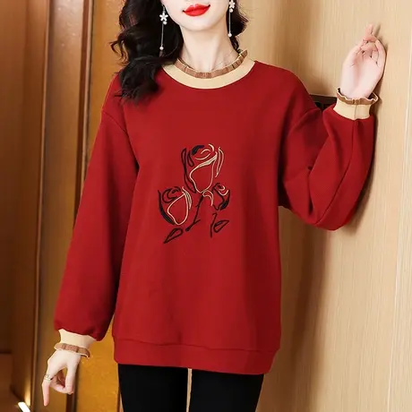卫衣女春秋新款宽松加大码女装中年妈妈减龄百搭显瘦红色长袖上衣商品大图