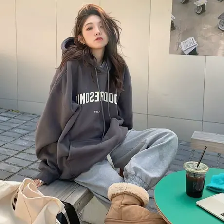 美式复古深灰色卫衣女秋冬oversize宽松bf慵懒风连帽加绒加厚外套图片