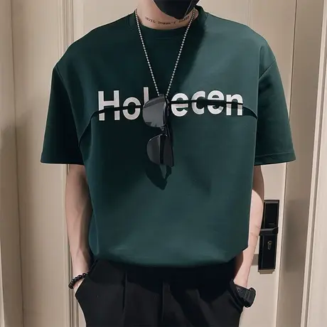 夏季男士t恤上衣打底衫短袖半袖宽松潮流圆领拼接原宿个性ins体恤商品大图