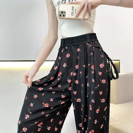 断码清仓不退不换印花冰丝阔腿裤女蝴蝶结背带窄版高腰垂感休闲裤商品大图
