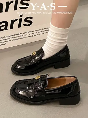 法式粗跟山茶花乐福鞋女款2024春秋季新款爆款金币黑色小皮鞋潮商品大图