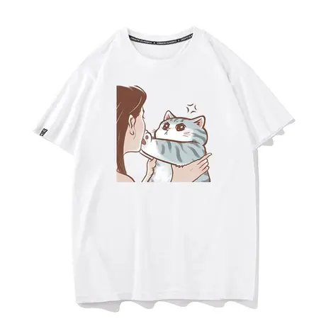 秀洛卡通动漫三花银渐层白色猫咪短袖T恤宽松打底衫半袖纯棉衣服商品大图