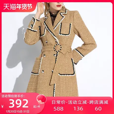 AUI卡其色高端小香风毛呢外套女2024早春新款中长款收腰呢子大衣图片