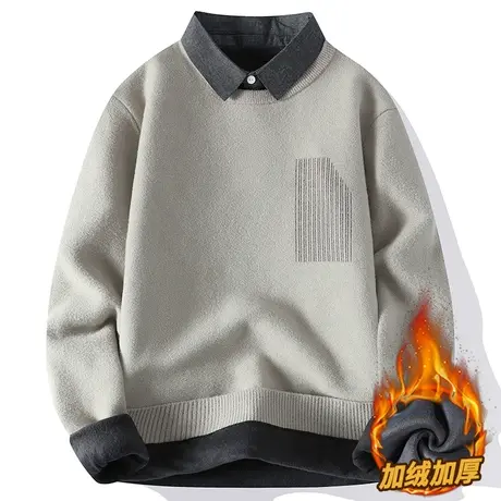 毛衣男秋冬款加绒加厚宽松假两件长袖打底衫男士潮牌衬衫领针织衫商品大图