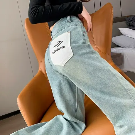 浅蓝色阔腿牛仔裤女2024年春秋季新款窄版高腰宽松设计感直筒裤子商品大图